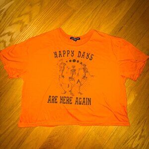 Social Scene Women's XLarge "Happy Days Are Here Again" Orange Skeleton Crop Top